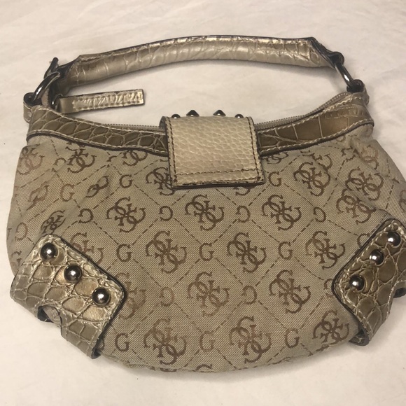GUESS 1992 Vintage tan/silver and bronze rhinestone/snakeskin mini handbag. - Picture 7 of 12